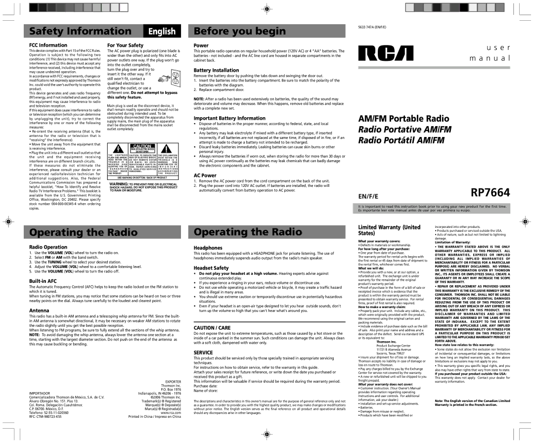 RCA RP7664 user manual FCC Information, For Your Safety, Power, Battery Installation, Important Battery Information 