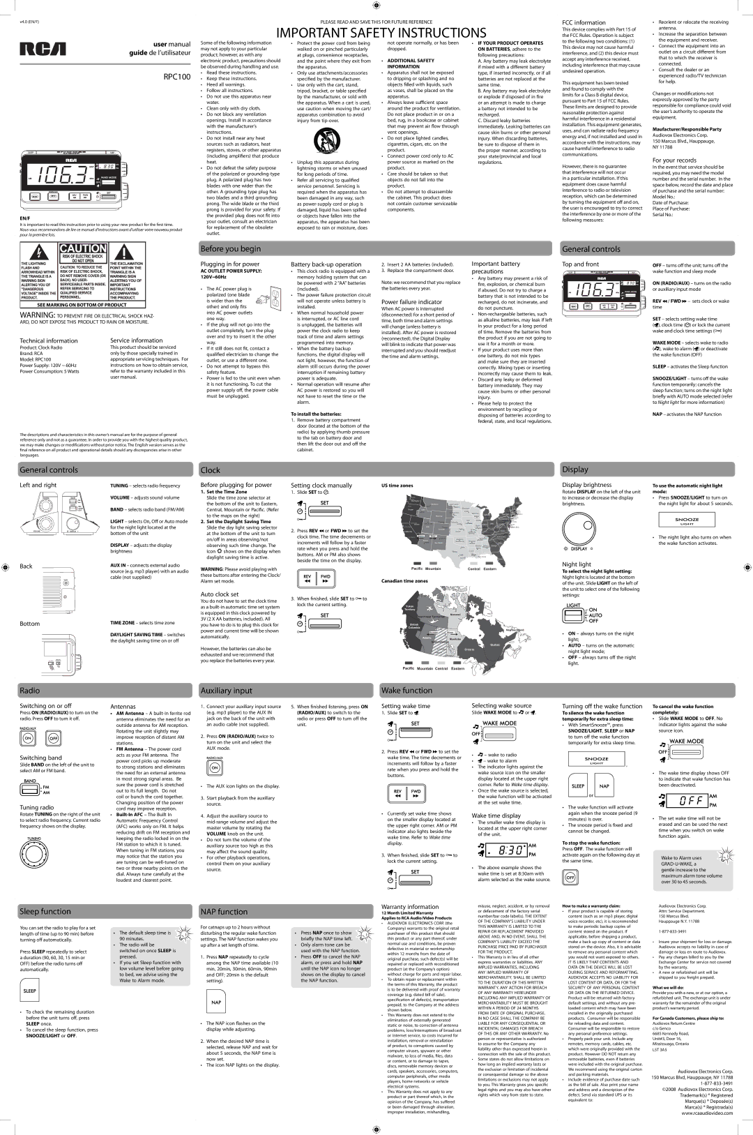 RCA RPC100 user manual Before you begin, General controls, Clock, Display, Radio, Auxiliary input, Wake function 