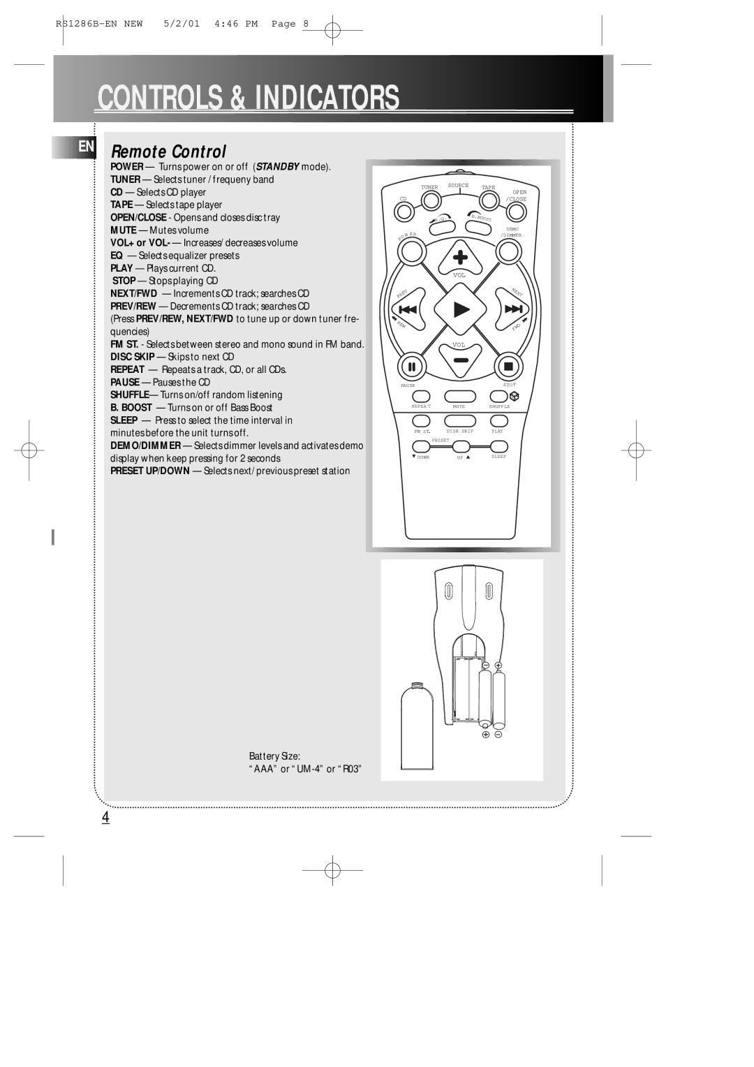 RCA RS1286B manual EN Remote Control, Battery Size AAA or UM-4 or R03 