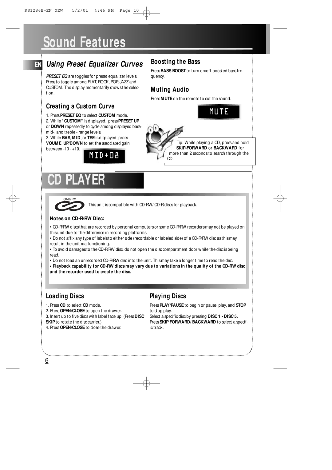 RCA RS1286B manual Sound Features, CD Player 