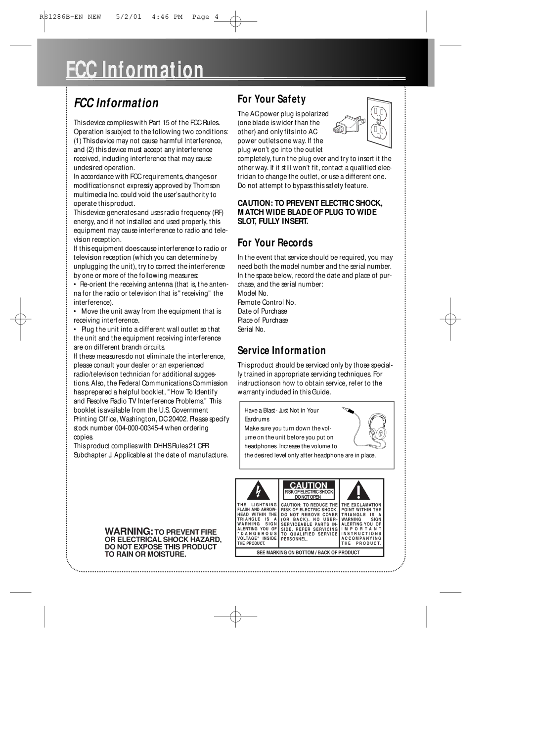 RCA RS1286B manual FCC Information, For Your Safety, For Your Records, Service Information 