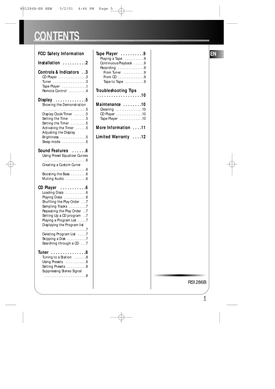 RCA RS1286B manual Contents 