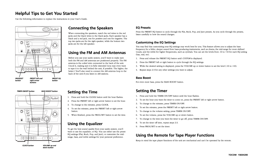 RCA RS1286B manual Helpful Tips to Get You Started, Connecting the Speakers, Using the FM and AM Antennas, EQ Presets 
