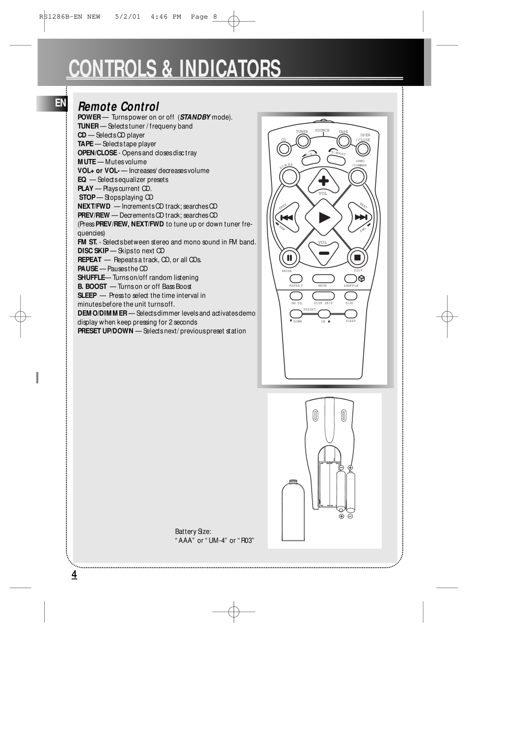 RCA RS1286B manual EN Remote Control, Controls&Indicators 