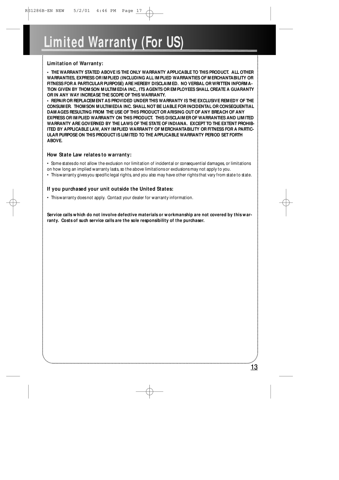 RCA RS1286B manual LimitedWarrantyForUS, Limitation of Warranty, How State Law relates to warranty 