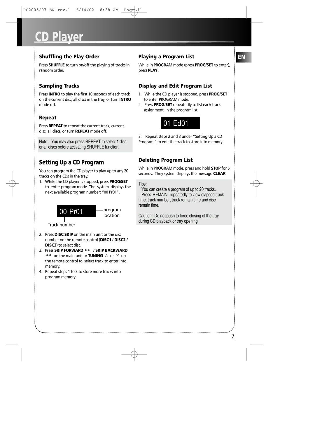 RCA RS2005 manual Setting Up a CD Program 