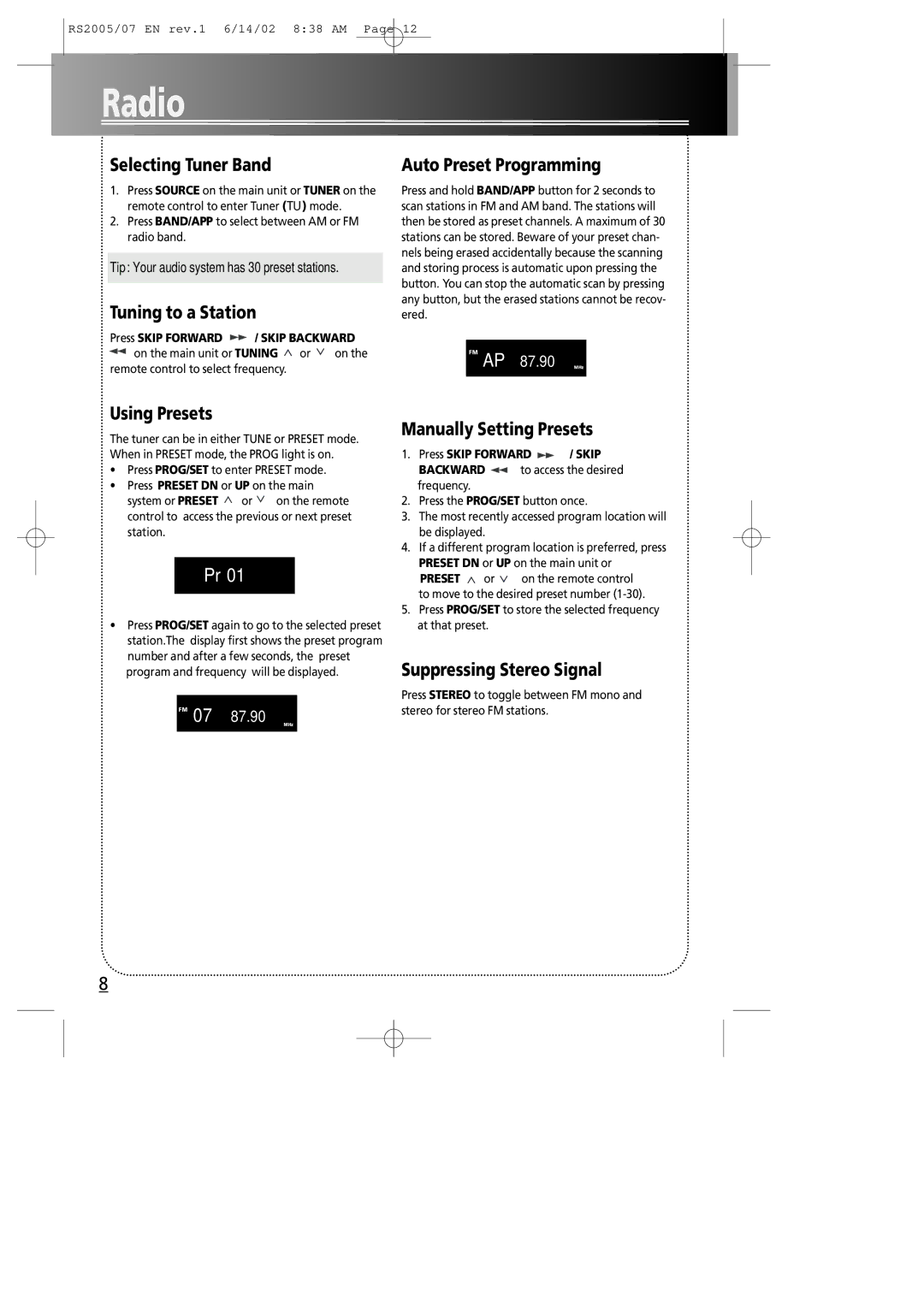 RCA RS2005 manual Radio 