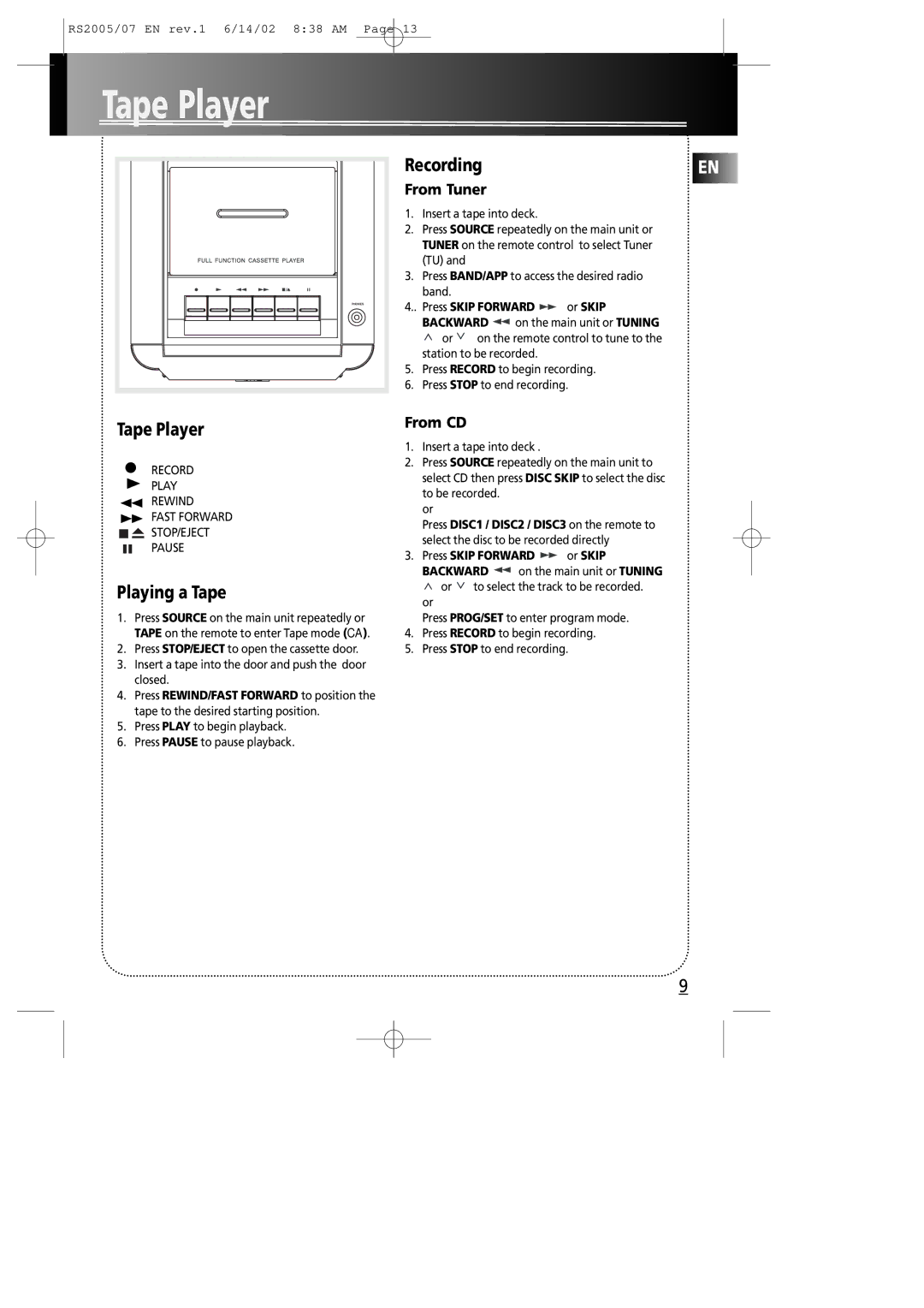 RCA RS2005 manual Tape Player, RecordingEN, Playing a Tape 