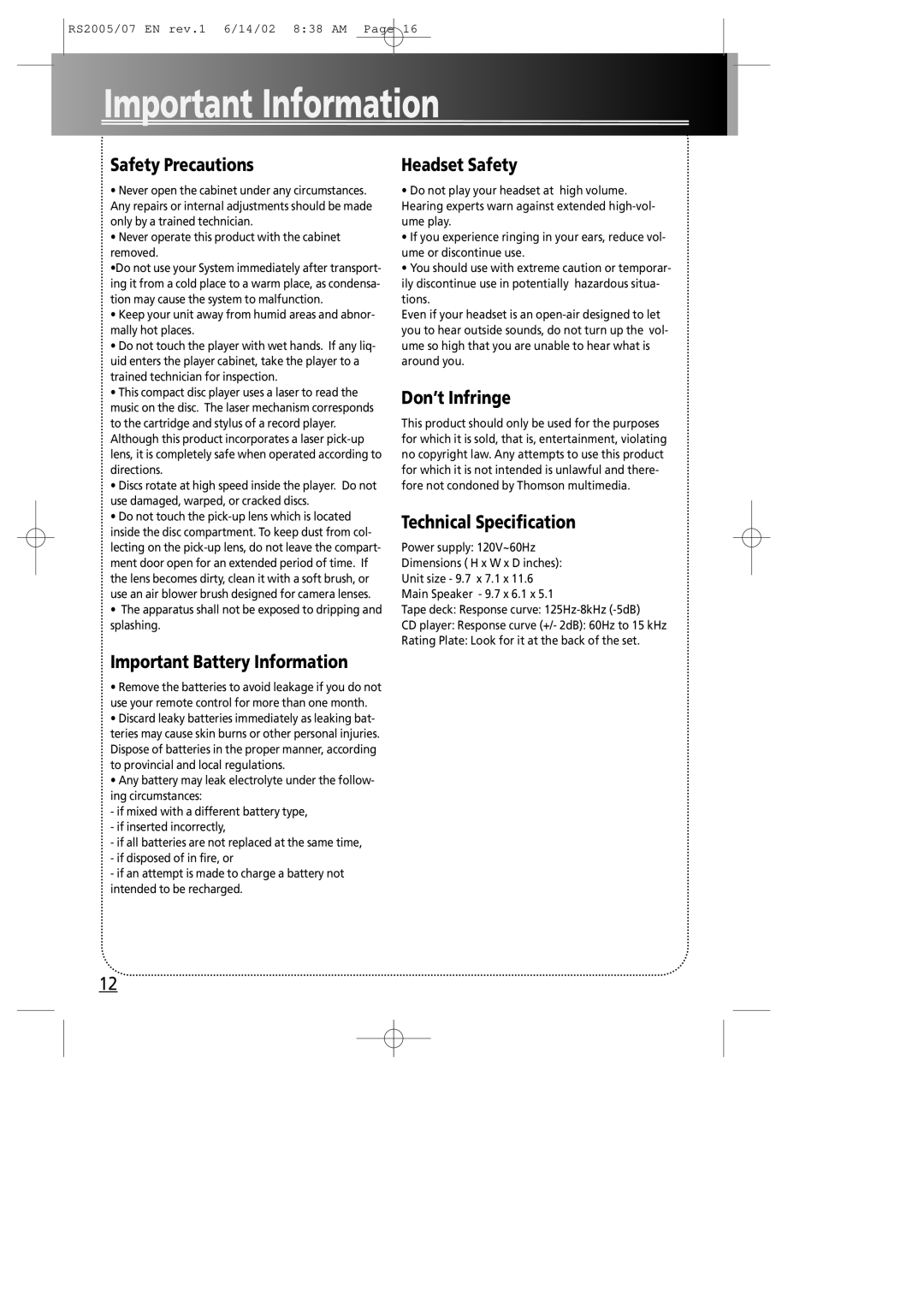 RCA RS2005 Important Information, EN Safety Precautions, Important Battery Information, Headset Safety, Don’t Infringe 