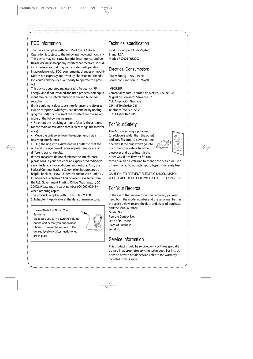 RCA RS2005 manual EN FCC Information, Technical specification, For Your Safety, For Your Records, Service Information 