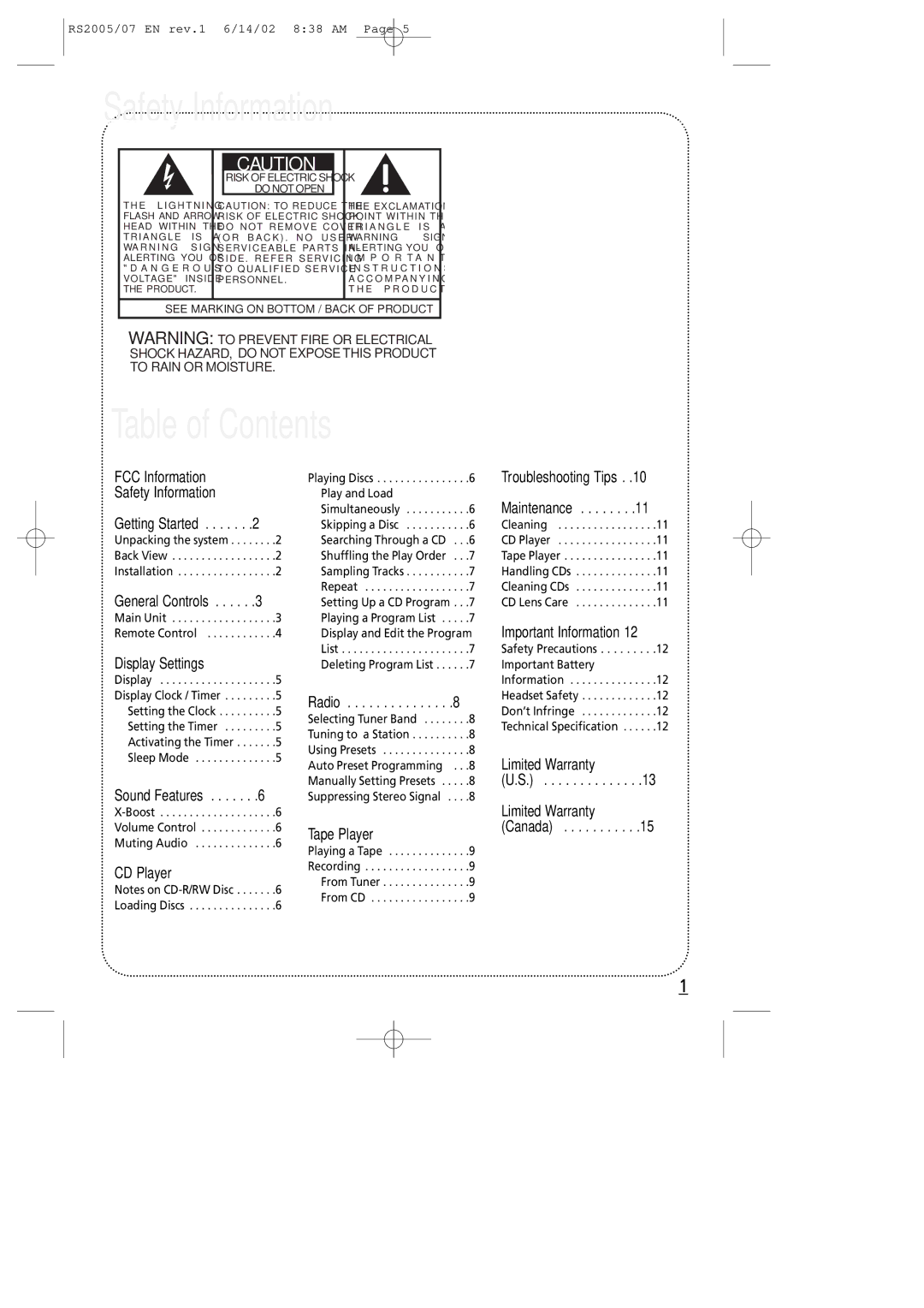 RCA RS2005 manual Safety Information, Table of Contents 