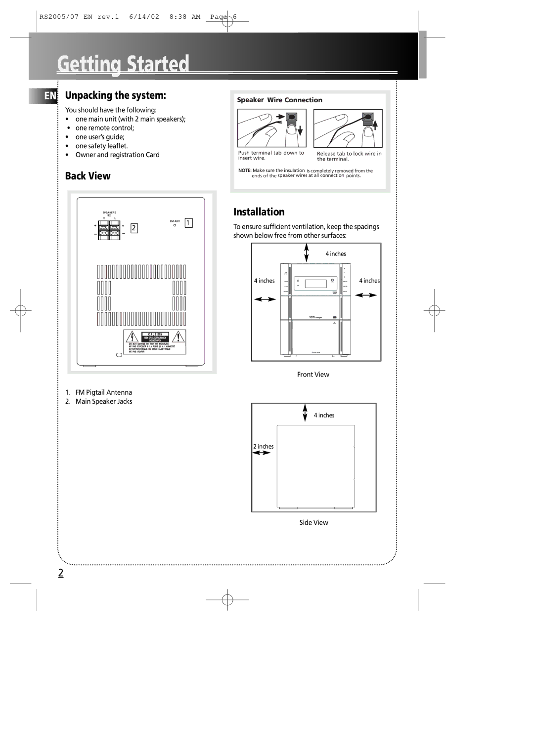 RCA RS2005 manual Getting Started, EN Unpacking the system, Back View, Installation 