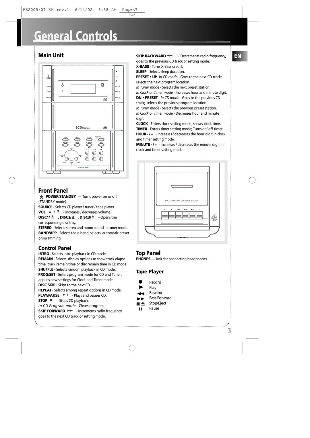 RCA RS2005 manual Main Unit, Front Panel, Top Panel, Control Panel, Record Play Rewind Fast-Forward Stop/Eject Pause 