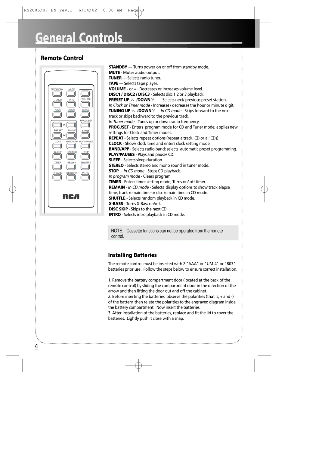 RCA RS2005 manual General Controls, EN Remote Control, Installing Batteries 