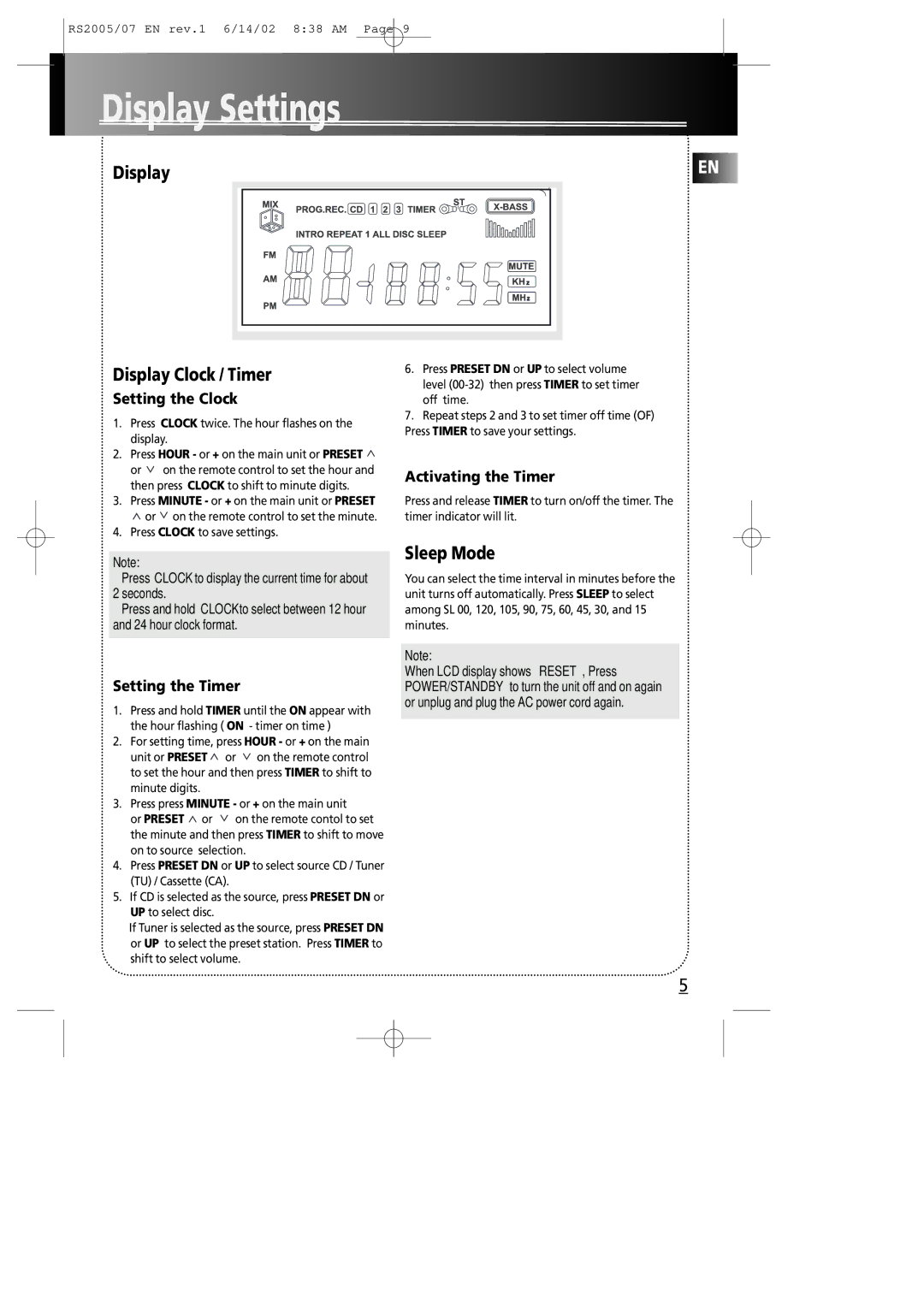 RCA RS2005 manual Display Settings, Display Clock / Timer, Sleep Mode 