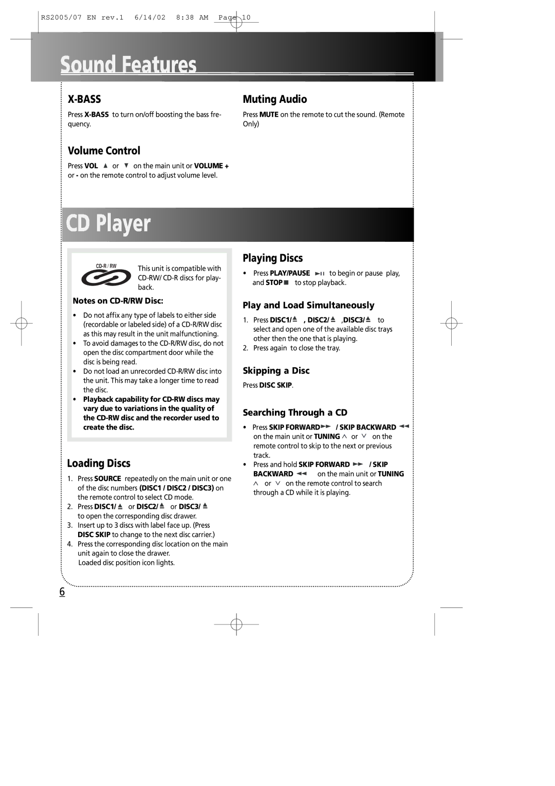 RCA RS2005 manual Sound Features, CD Player 