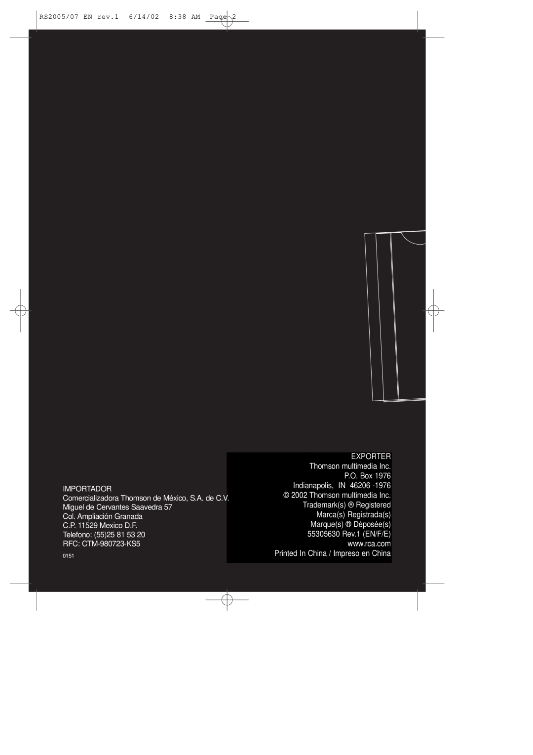 RCA manual Printed In China / Impreso en China, RS2005/07 EN rev.1 6/14/02 8:38 AM Page 