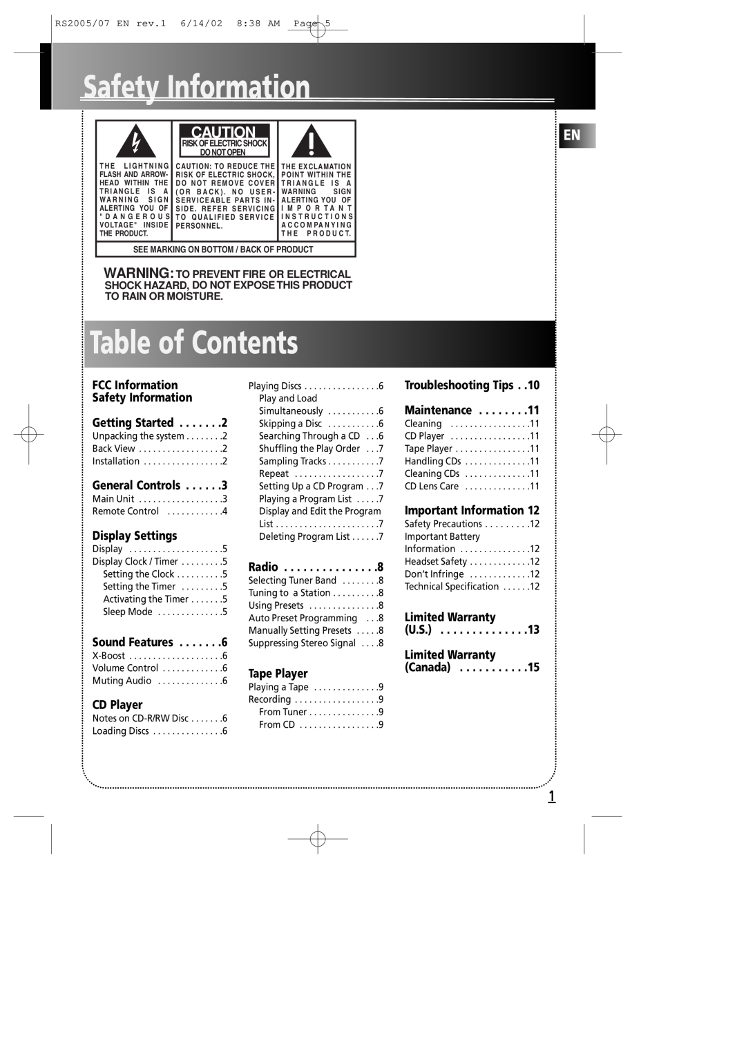 RCA RS2005 manual Safety Information, Table of Contents 