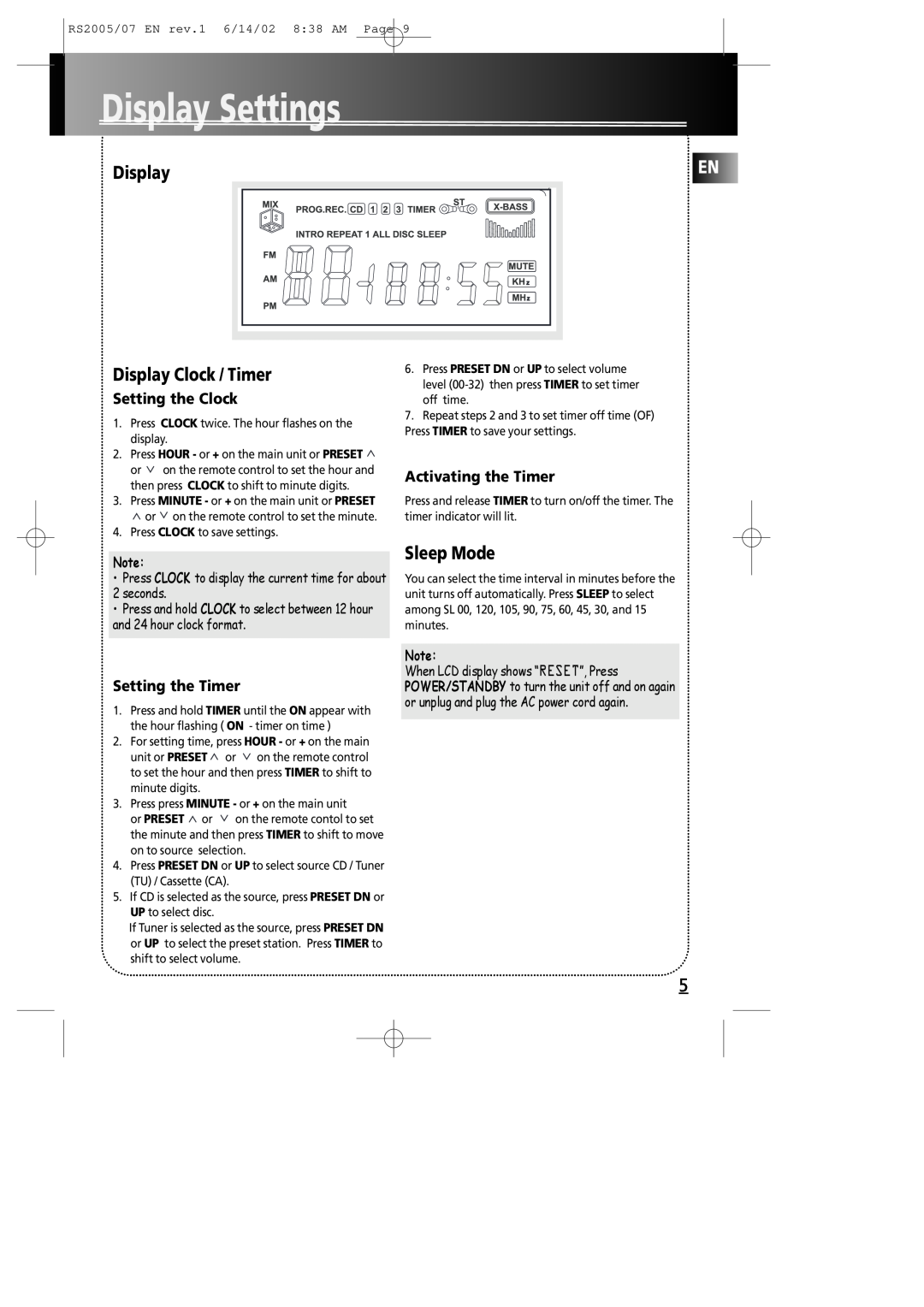 RCA RS2005 manual Display Settings, Display Clock / Timer, Sleep Mode, seconds 