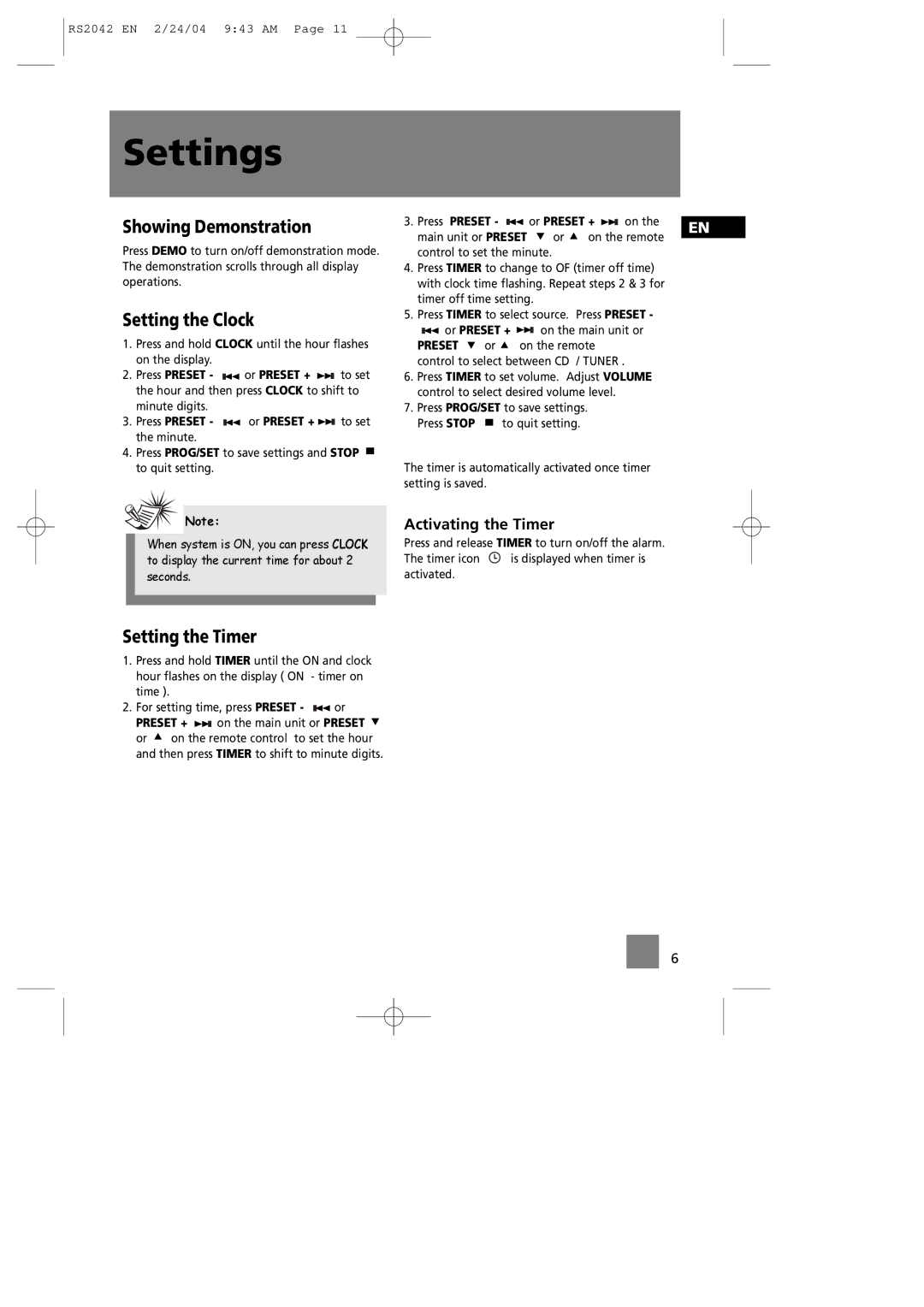 RCA RS2042 manual Settings, Showing Demonstration, Setting the Clock, Setting the Timer, Activating the Timer 