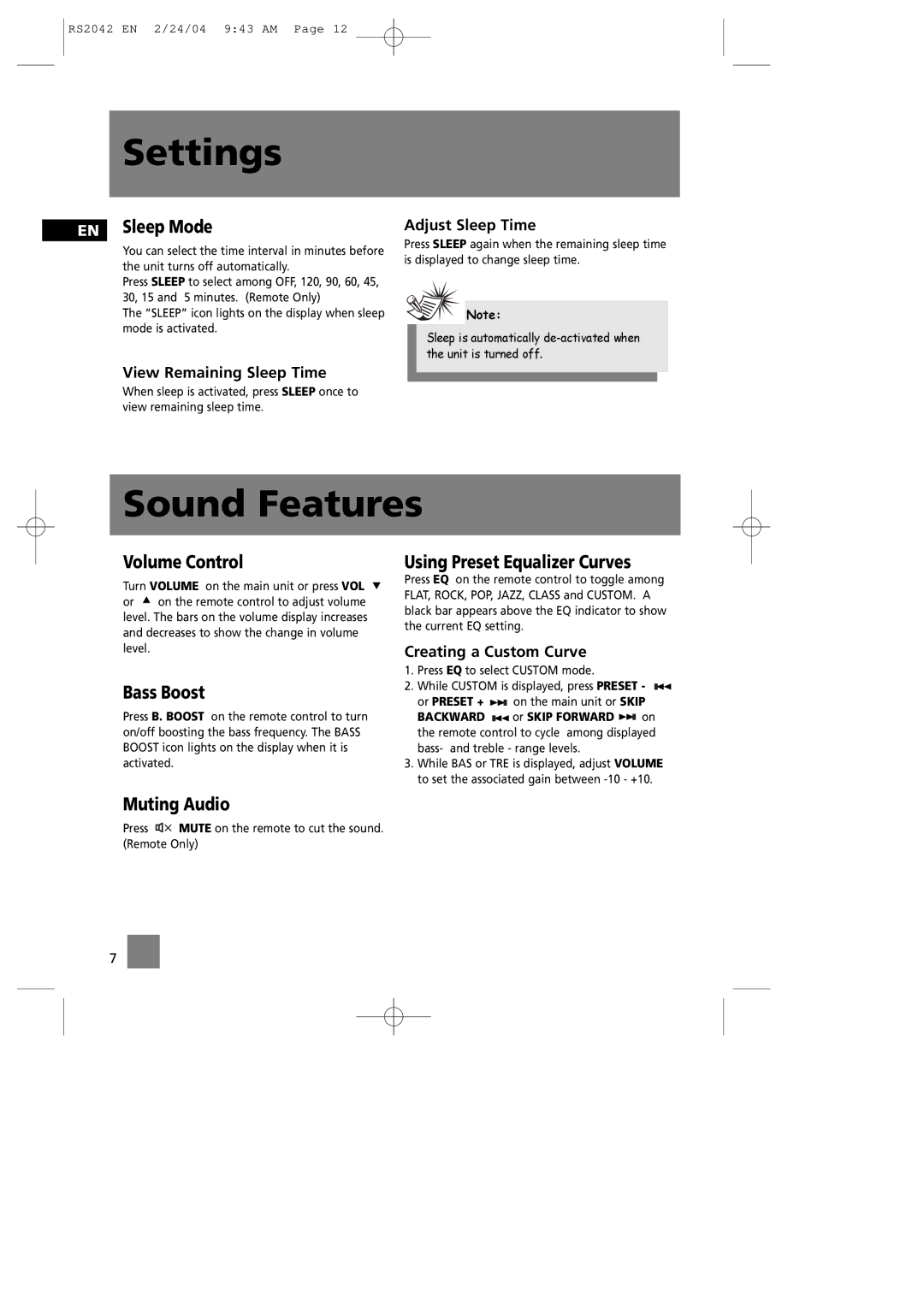 RCA RS2042 manual Sound Features 