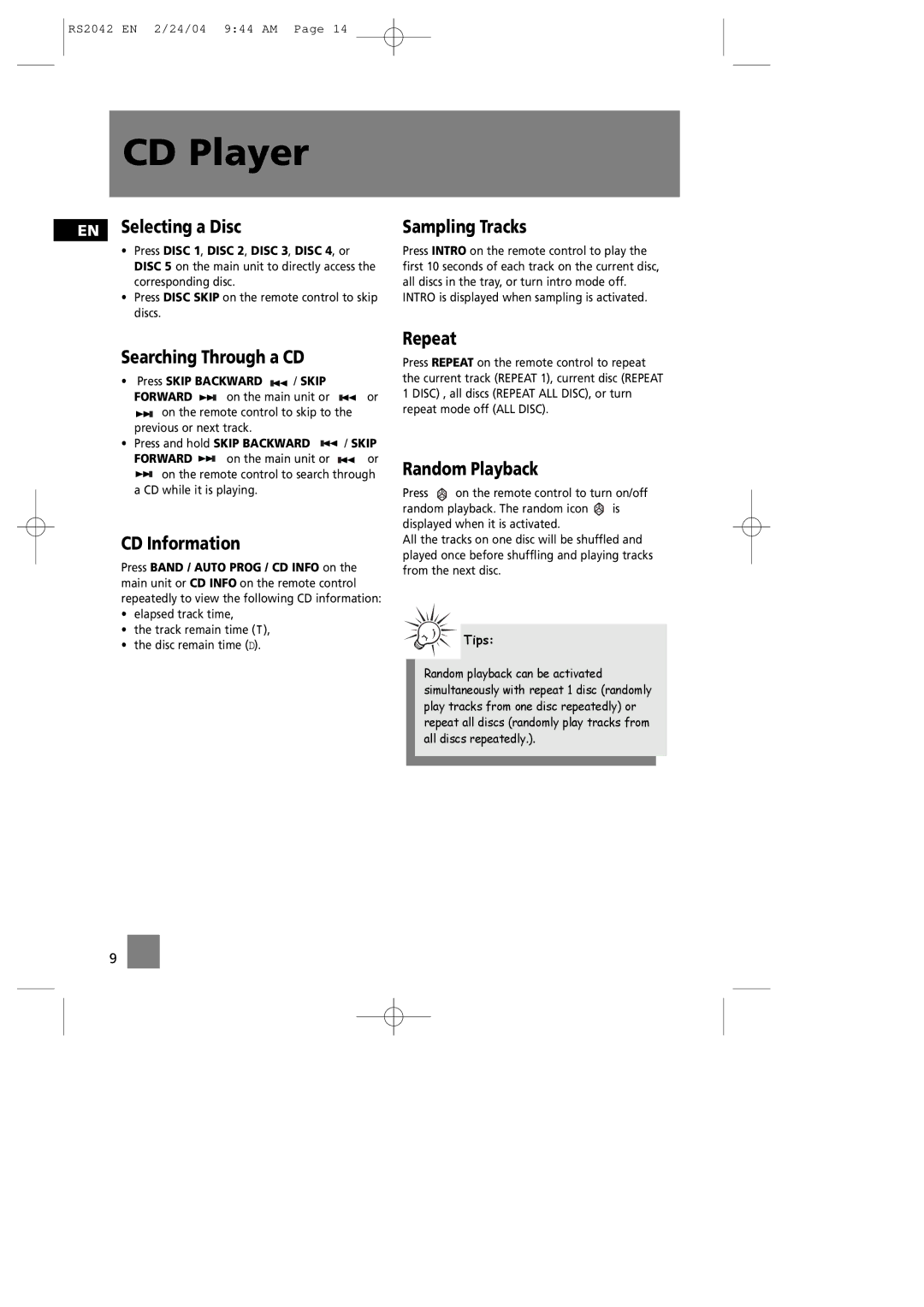 RCA RS2042 manual EN Selecting a Disc, Searching Through a CD, CD Information, Sampling Tracks, Repeat, Random Playback 