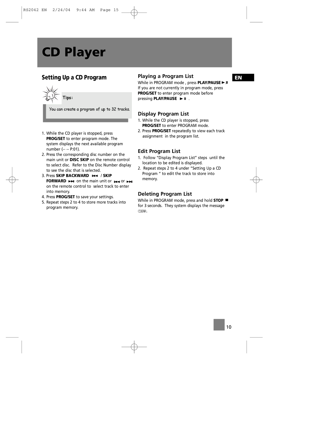 RCA RS2042 Setting Up a CD Program, Playing a Program List, Display Program List, Edit Program List, Deleting Program List 