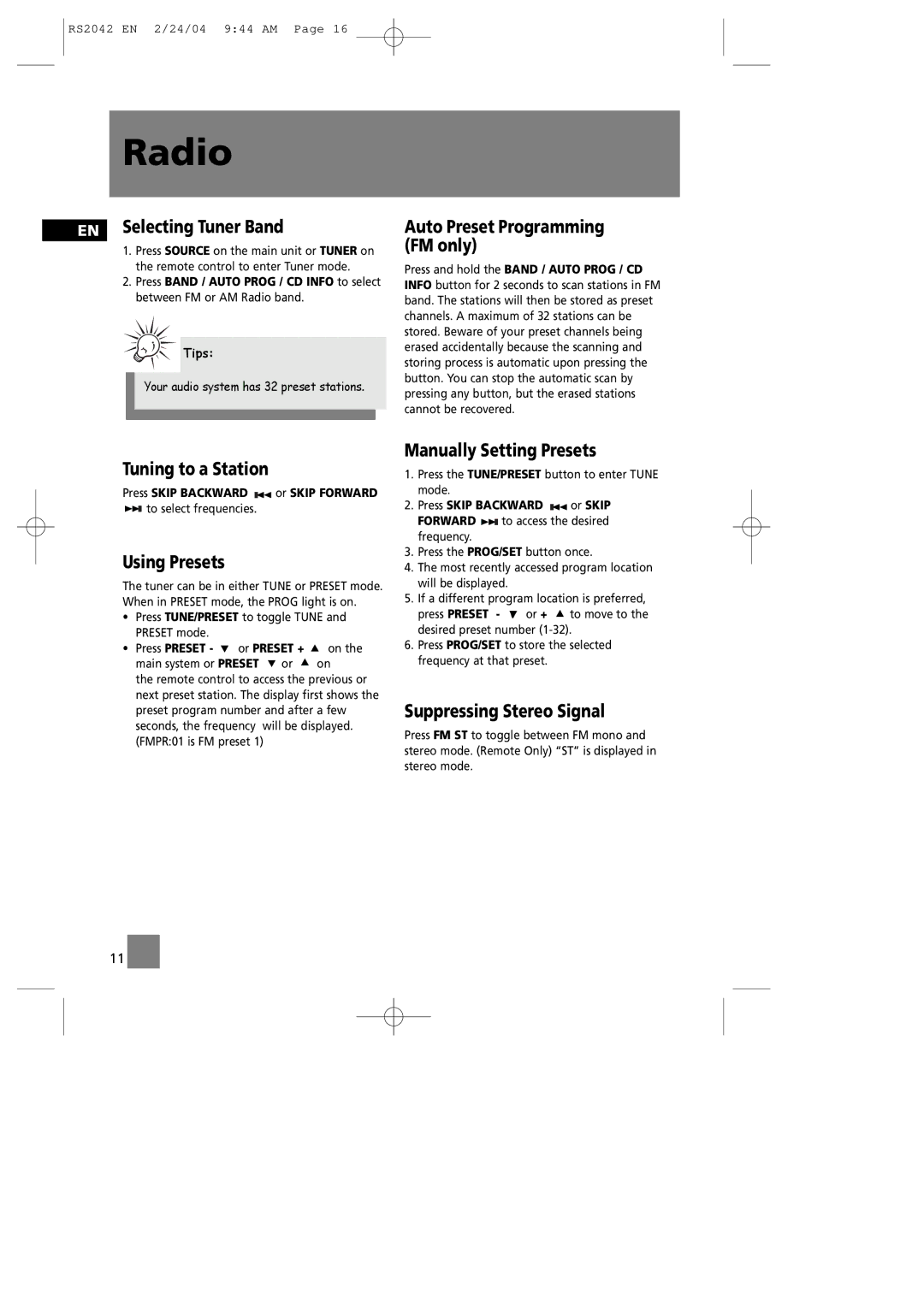 RCA RS2042 manual Radio 