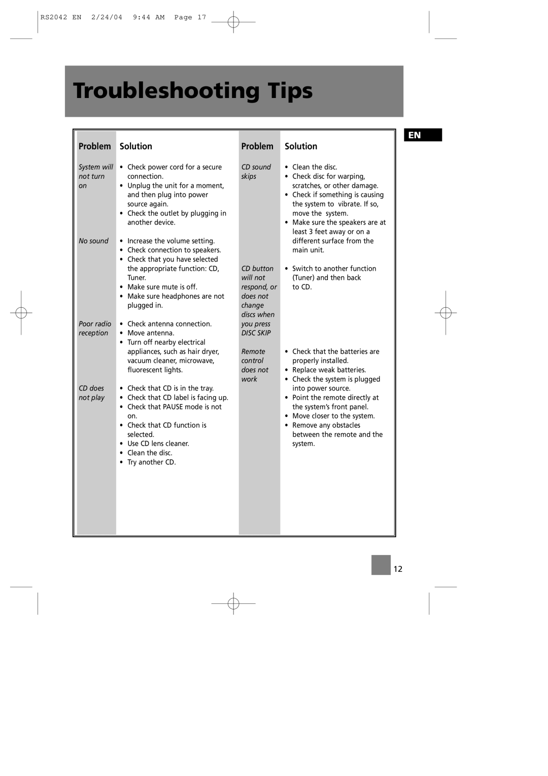 RCA RS2042 manual Troubleshooting Tips, Problem Solution 