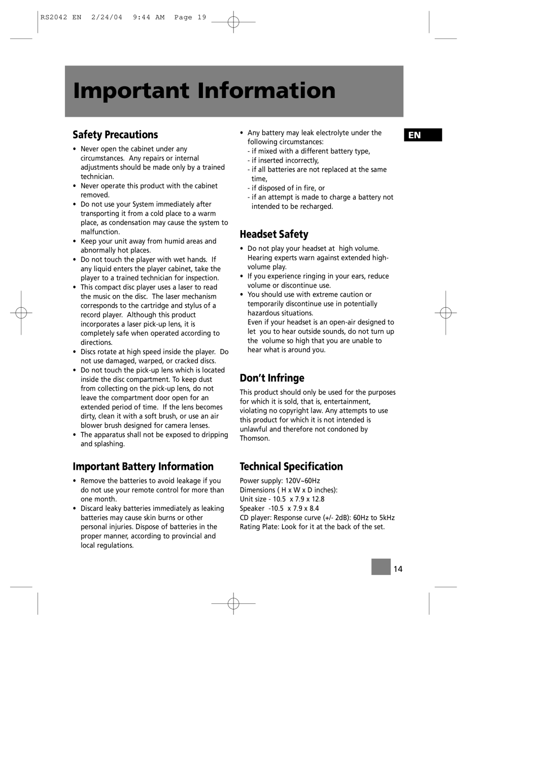 RCA RS2042 manual Important Information, Safety Precautions, Important Battery Information, Headset Safety, Don’t Infringe 