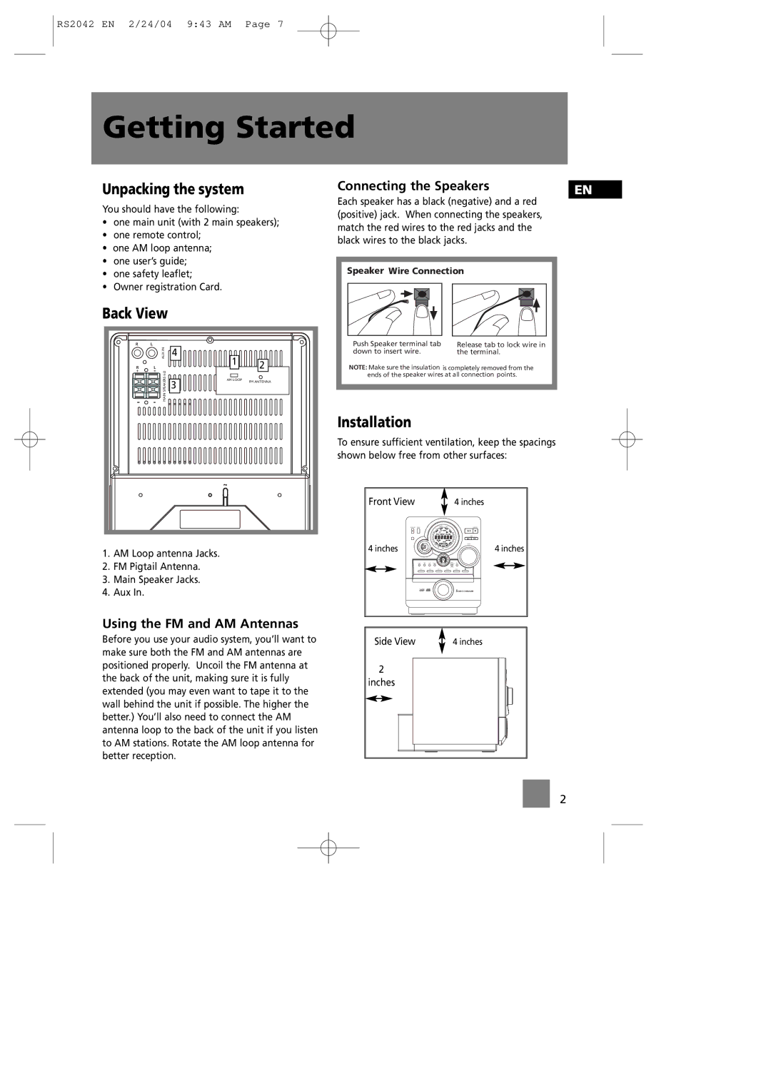 RCA RS2042 manual Getting Started, Unpacking the system, Back View, Installation 