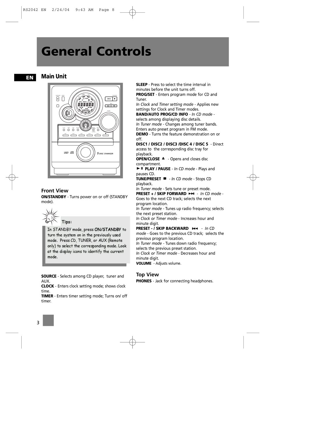 RCA RS2042 manual General Controls, EN Main Unit, Front View, Top View 