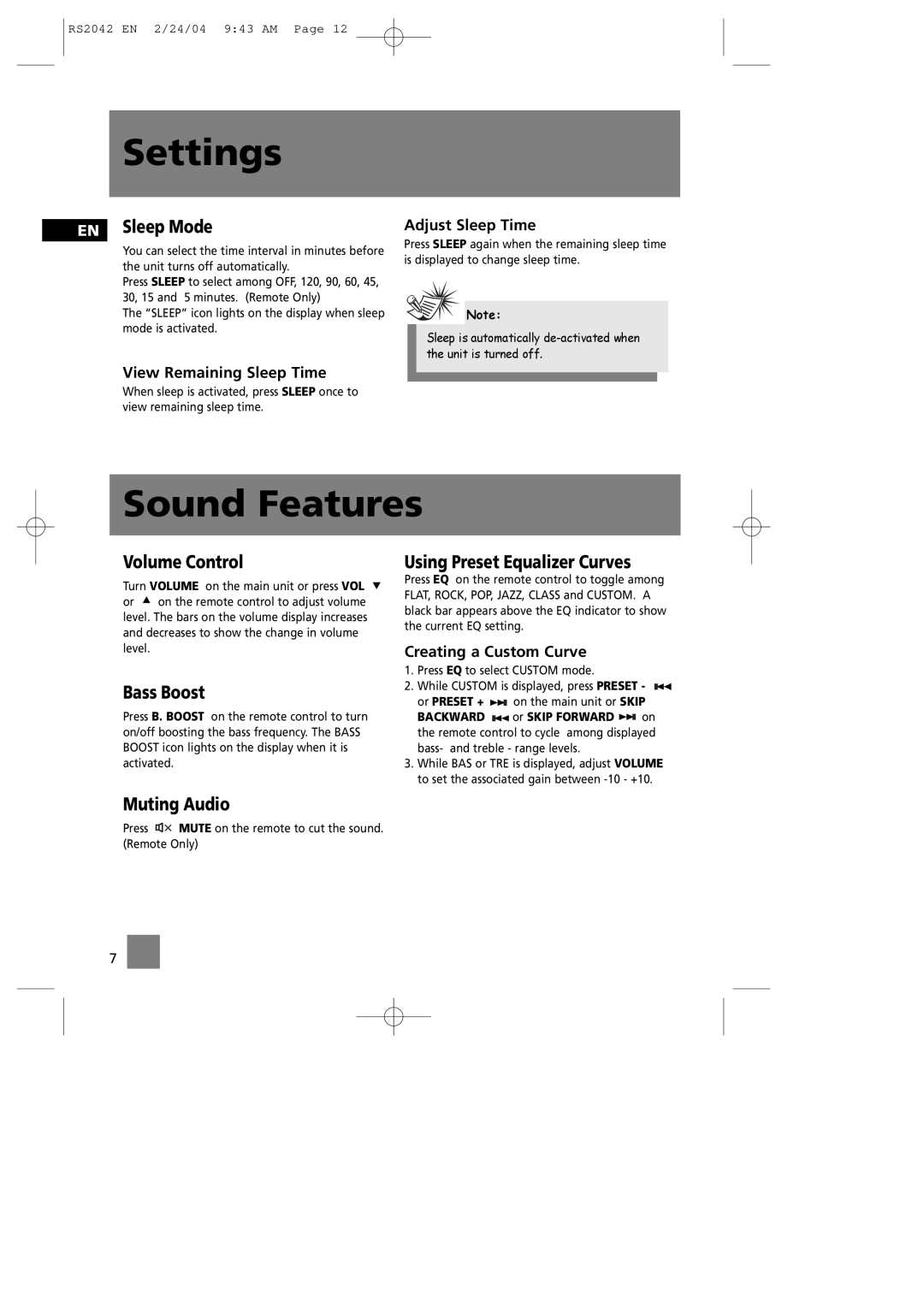 RCA RS2042 manual Sound Features, EN Sleep Mode, Volume Control, Bass Boost, Using Preset Equalizer Curves, Muting Audio 
