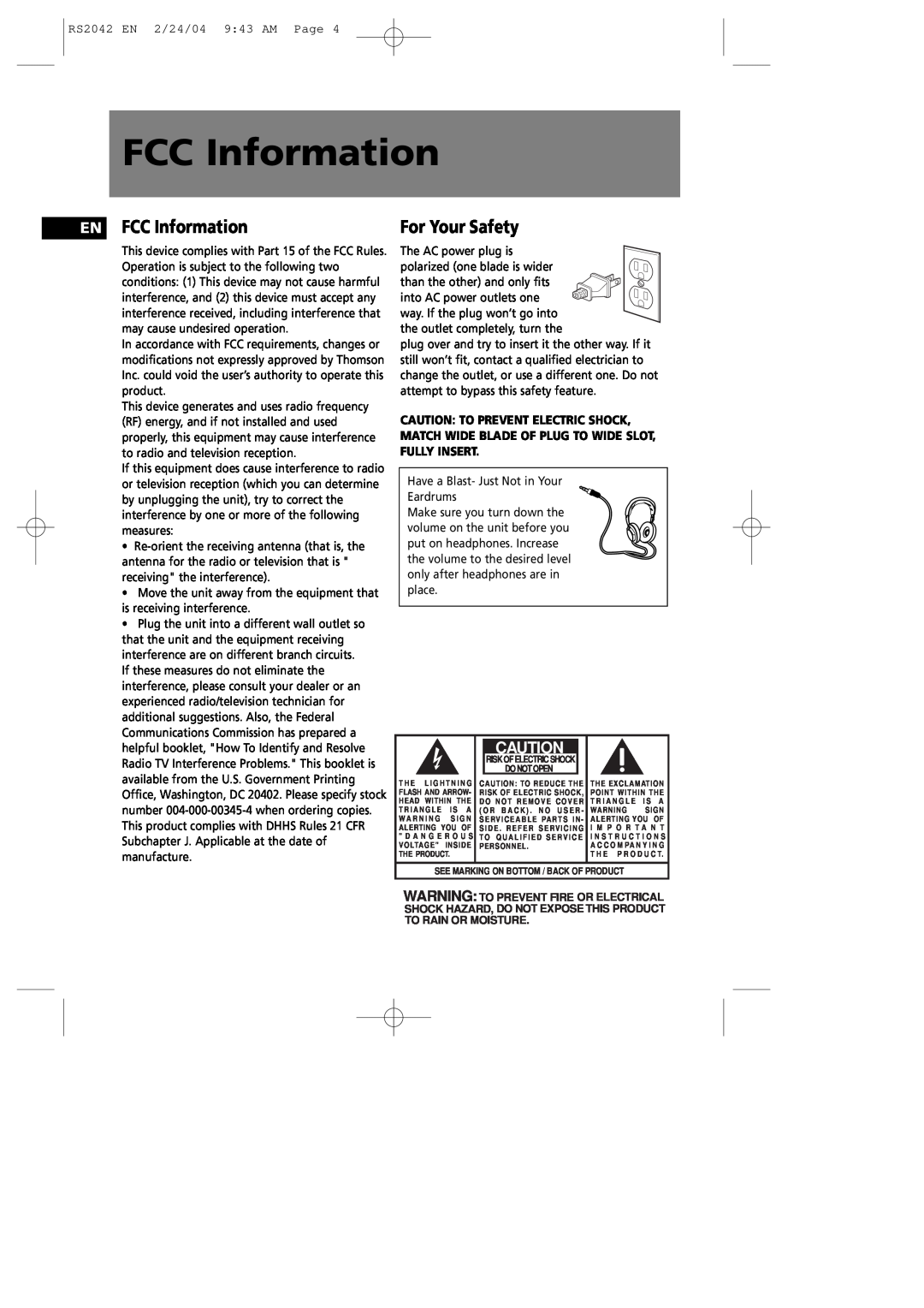 RCA RS2042 manual EN FCC Information, For Your Safety 