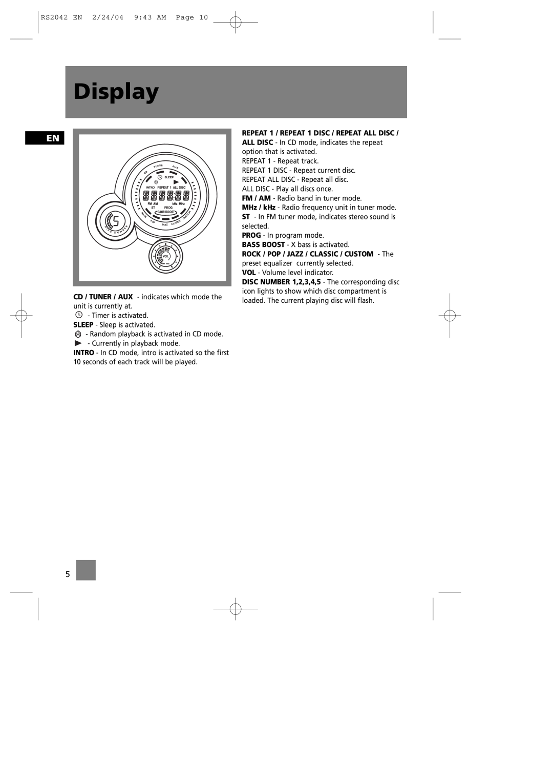RCA RS2042 manual Display 