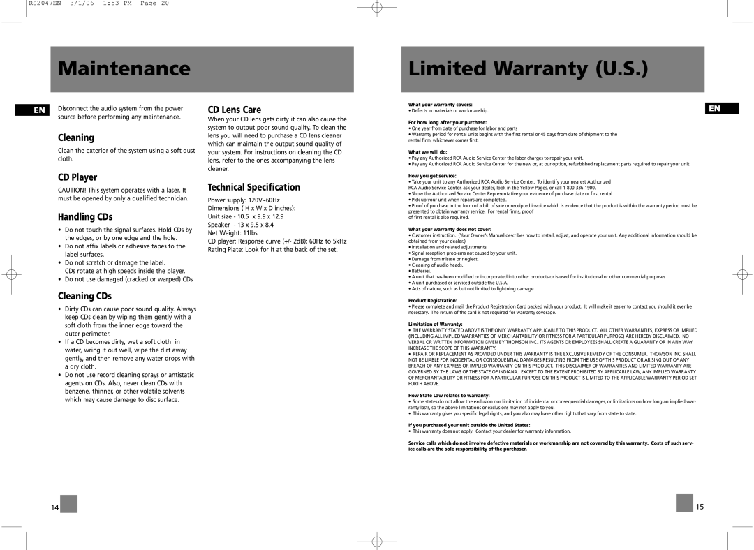 RCA RS2047 user manual Maintenance, Limited Warranty U.S 