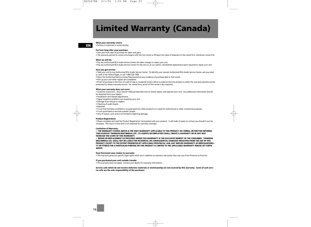 RCA RS2047 user manual Limited Warranty Canada 