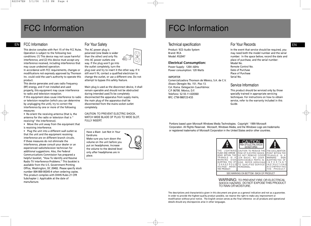 RCA RS2047 user manual FCC Information 