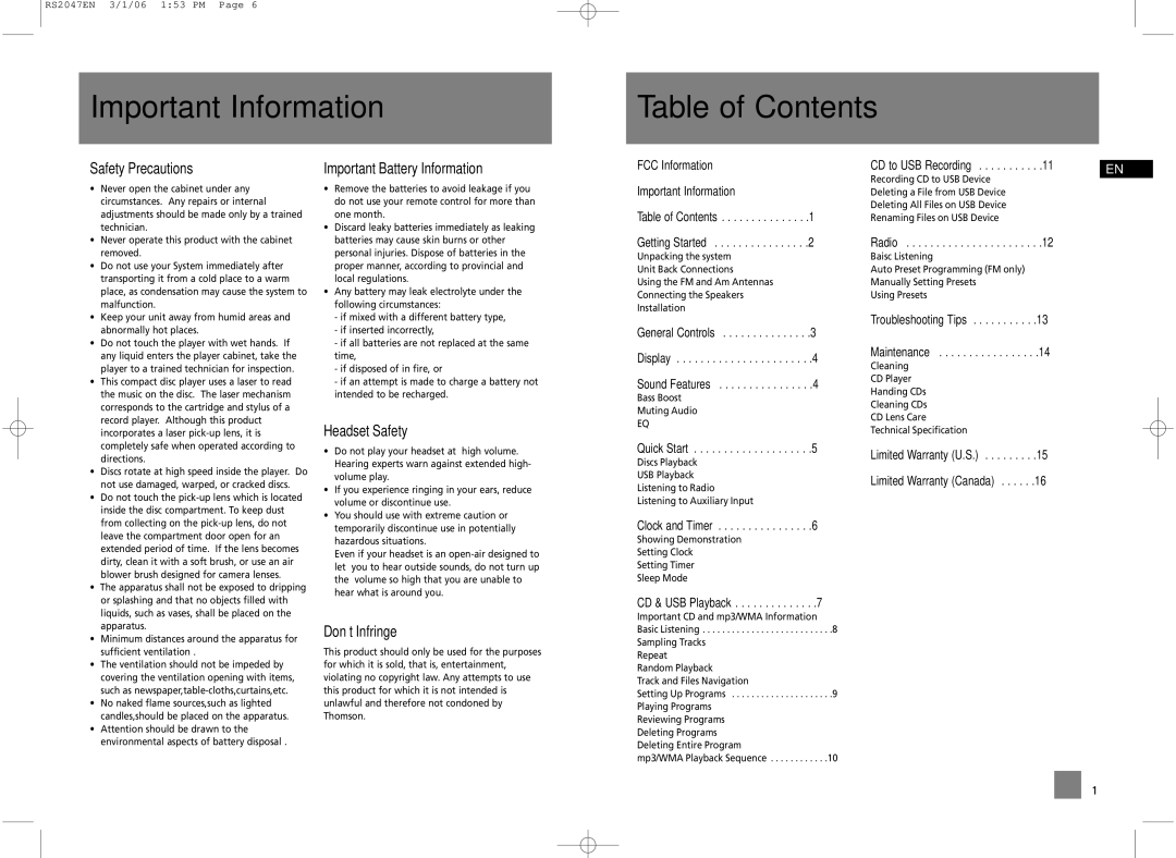 RCA RS2047 user manual Important Information Table of Contents 