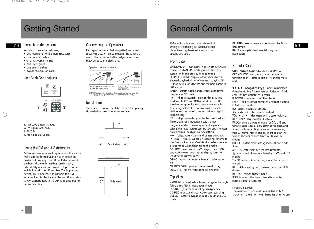 RCA RS2047 user manual Getting Started, General Controls 