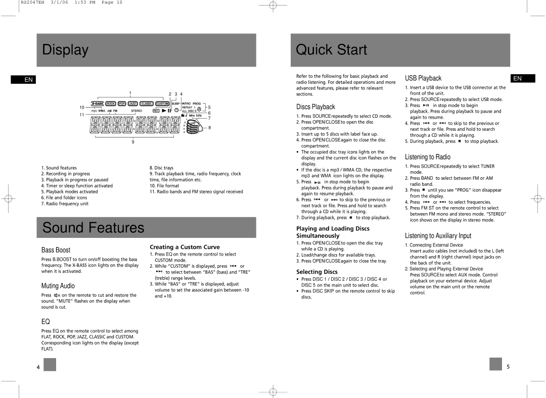 RCA RS2047 user manual Display Quick Start, Sound Features 