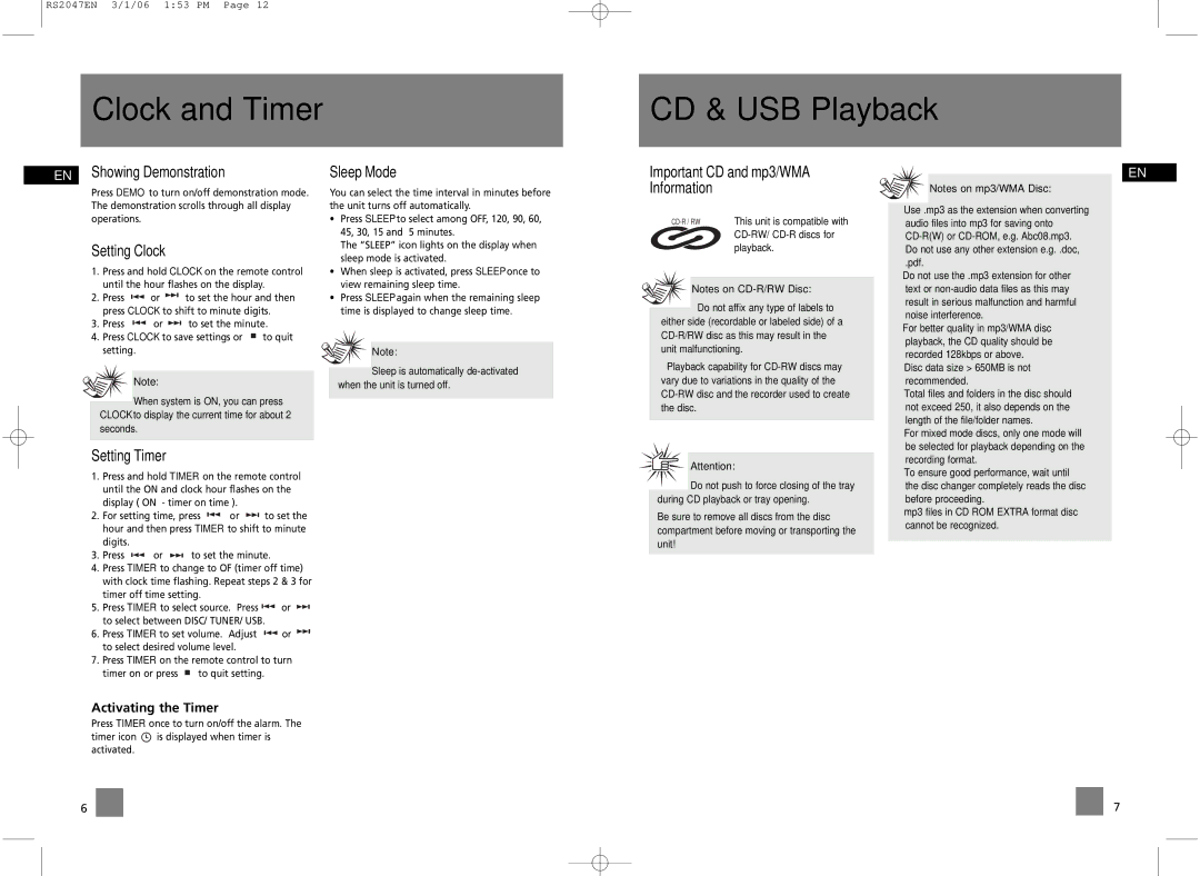 RCA RS2047 user manual Clock and Timer CD & USB Playback 