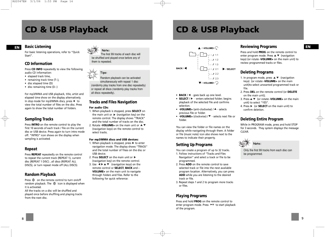 RCA RS2047 EN Basic Listening, CD Information, Sampling Tracks, Repeat, Random Playback, Tracks and Files Navigation 