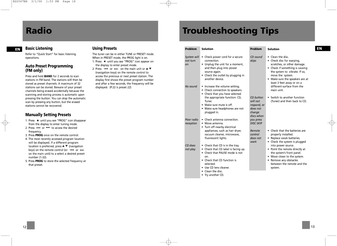 RCA RS2047 Radio, Troubleshooting Tips, Auto Preset Programming FM only, Manually Setting Presets, Using Presets 