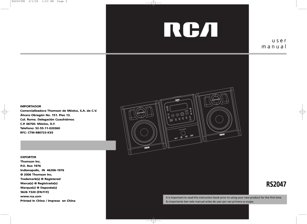 RCA RS2047 user manual Importador, Col. Roma. Delegación Cuauhtémoc, C.P. 06700. México, D.F Telefono, RFC CTM-980723-KS5 