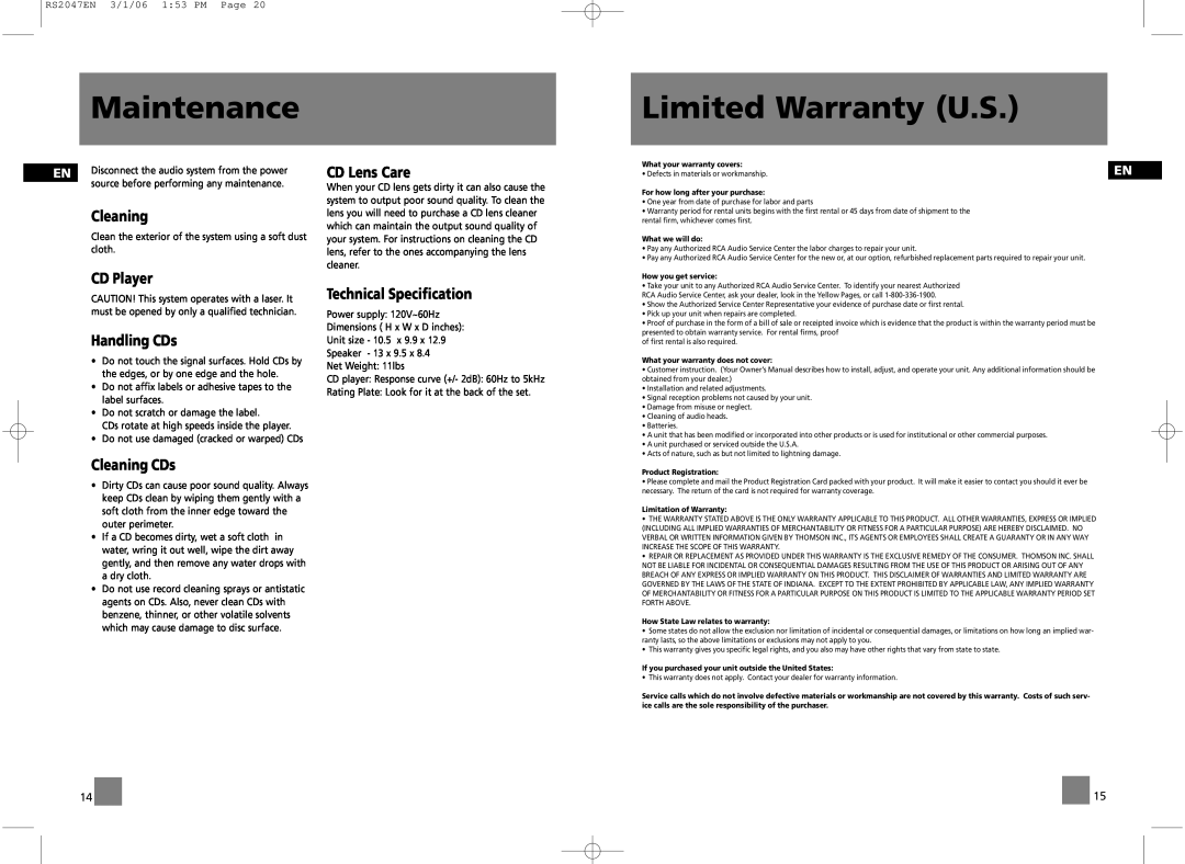 RCA RS2047 user manual Maintenance, Limited Warranty U.S, CD Player, Handling CDs, Cleaning CDs, CD Lens Care 