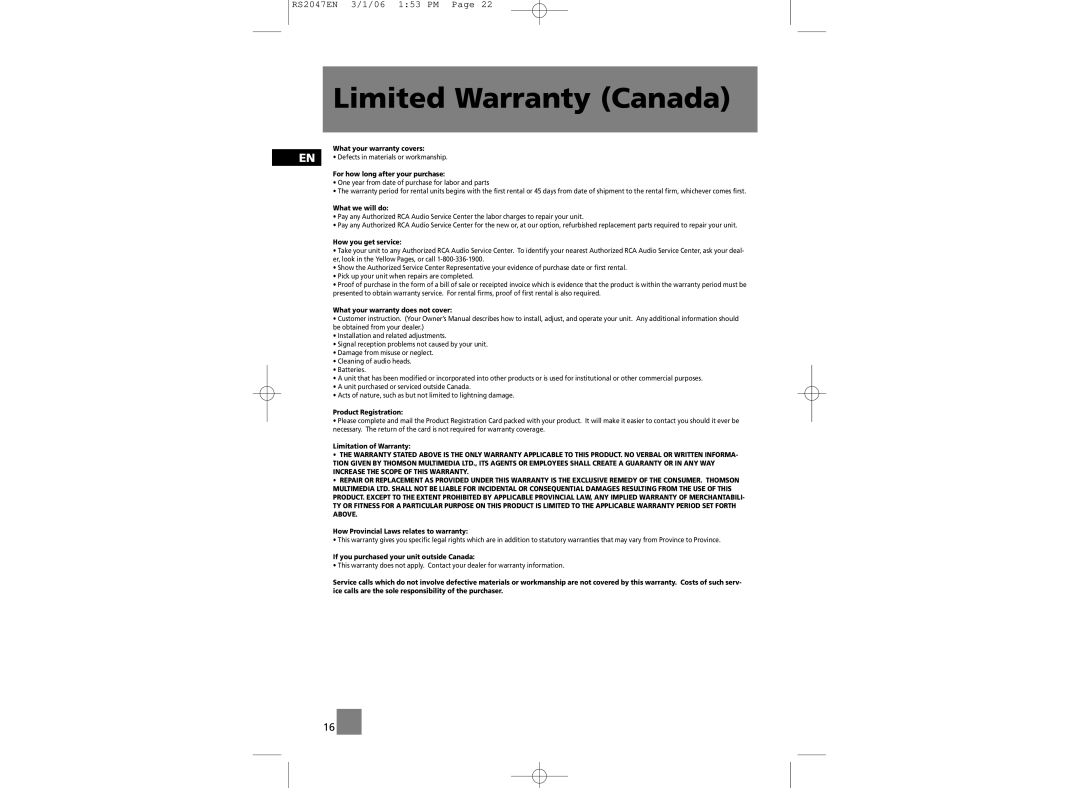 RCA user manual Limited Warranty Canada, RS2047EN 3/1/06 1 53 PM Page 
