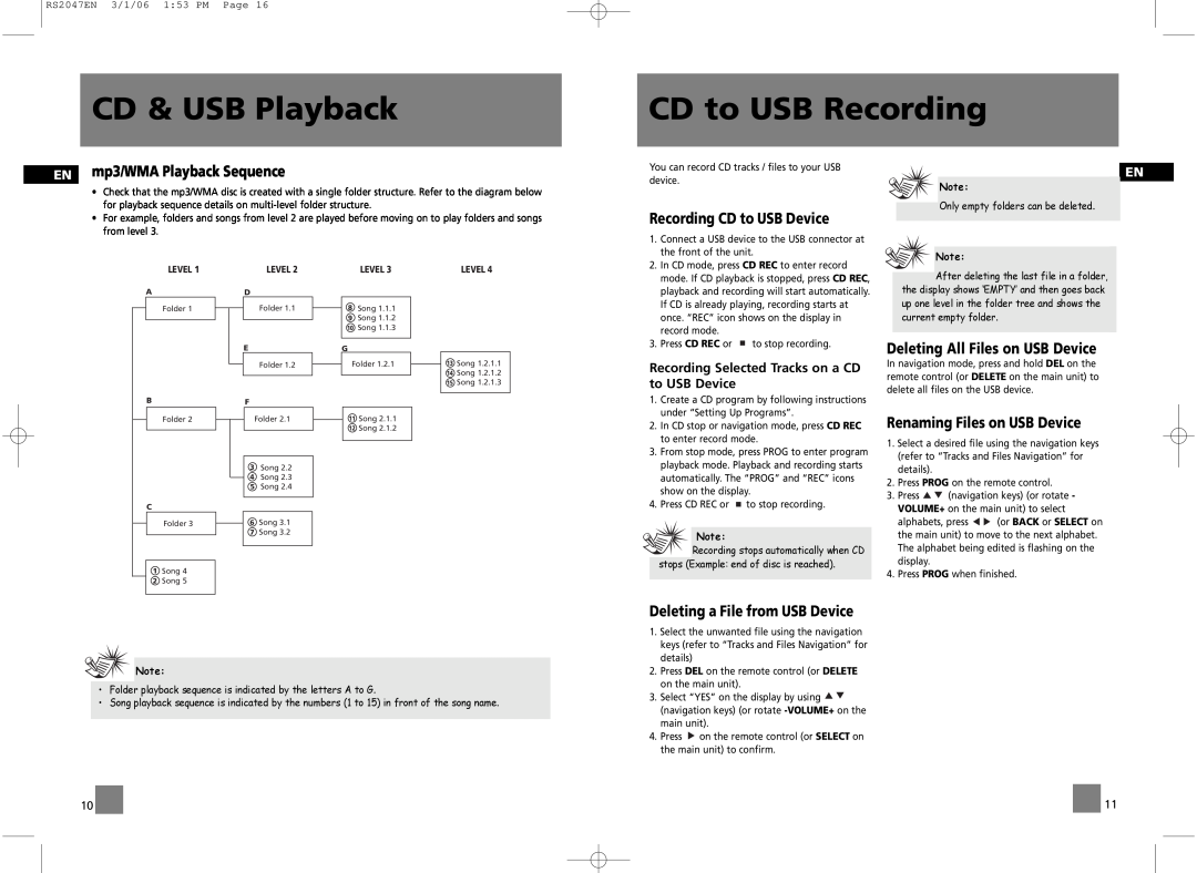 RCA RS2047 CD to USB Recording, EN mp3/WMA Playback Sequence, Recording CD to USB Device, Deleting All Files on USB Device 