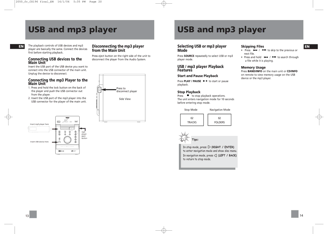 RCA RS2054, RS2050 user manual USB and mp3 player 