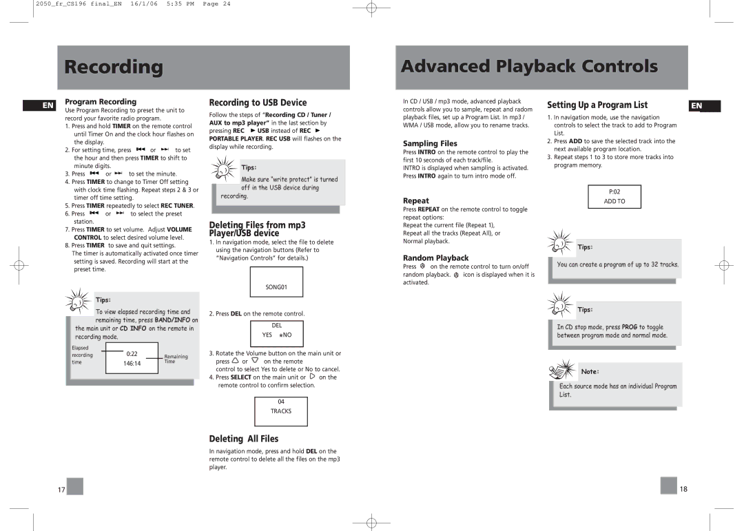 RCA RS2054, RS2050 user manual Recording to USB Device, Deleting Files from mp3 Player/USB device, Setting Up a Program List 